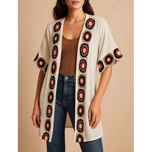 NWT Sweet Magnolia Crochet Trim Cotton Gauze Kaftan Kimono Boho Beach Cover Up